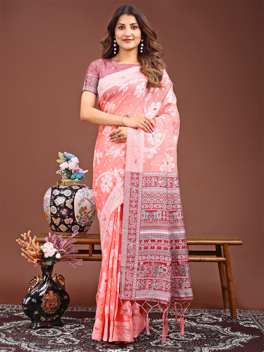 Astita Elegant Peach Linen Cotton Saree with Traditional Red Pallu & Blouse Piece