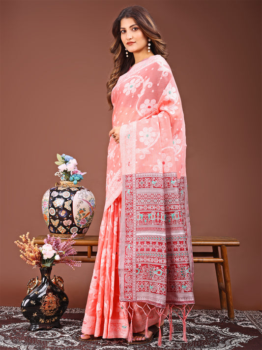 Astita Elegant Peach Linen Cotton Saree with Traditional Red Pallu & Blouse Piece