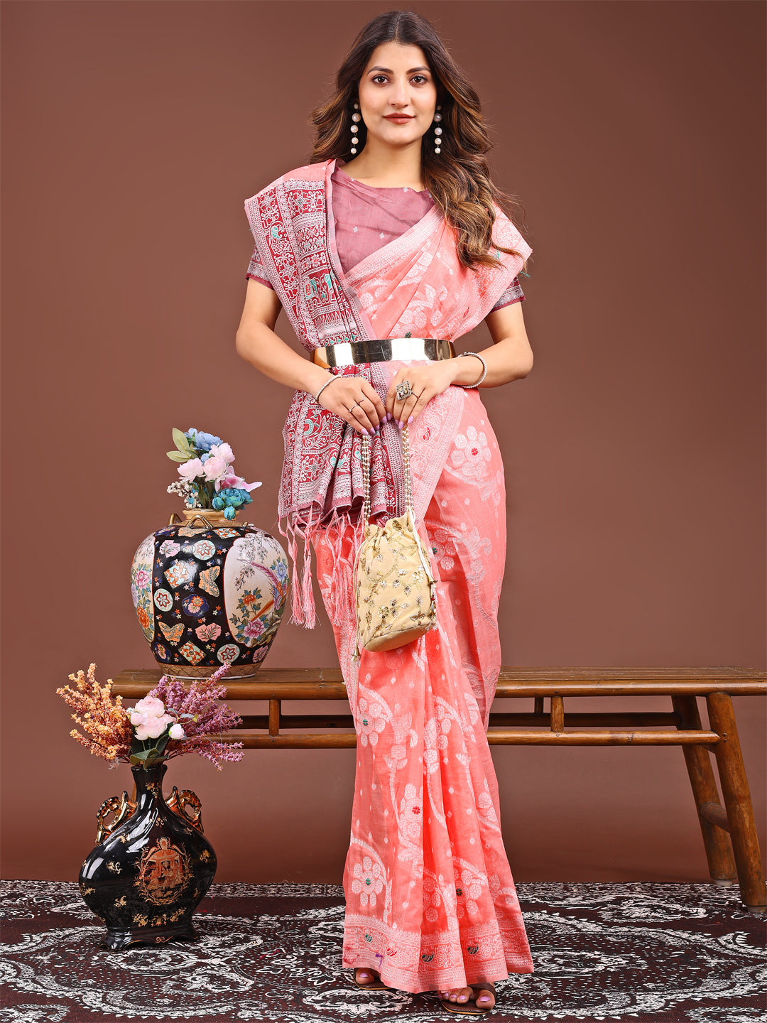 Astita Elegant Peach Linen Cotton Saree with Traditional Red Pallu & Blouse Piece