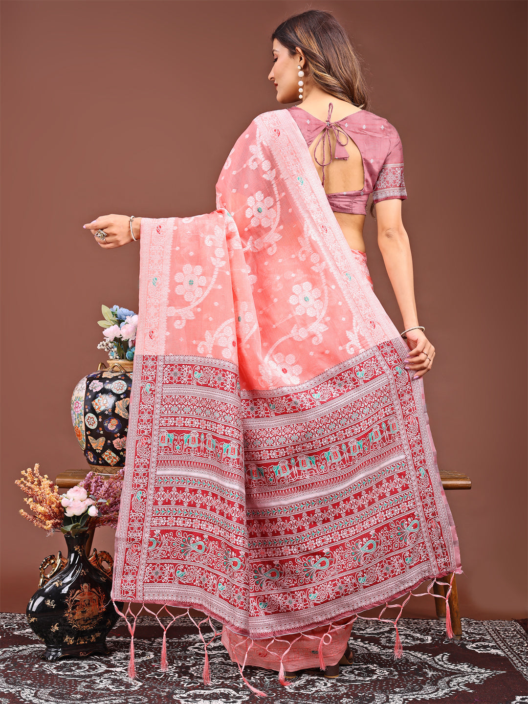 Astita Elegant Peach Linen Cotton Saree with Traditional Red Pallu & Blouse Piece