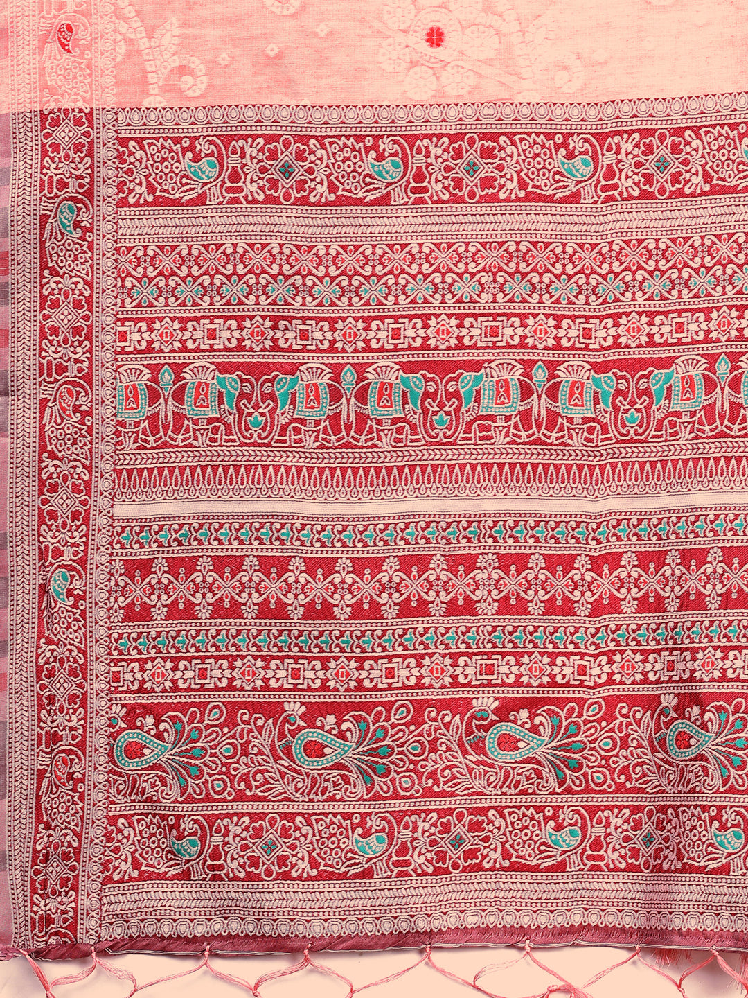Astita Elegant Peach Linen Cotton Saree with Traditional Red Pallu & Blouse Piece