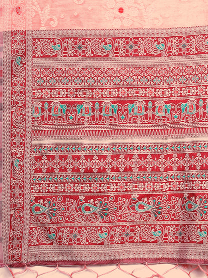 Astita Elegant Peach Linen Cotton Saree with Traditional Red Pallu & Blouse Piece