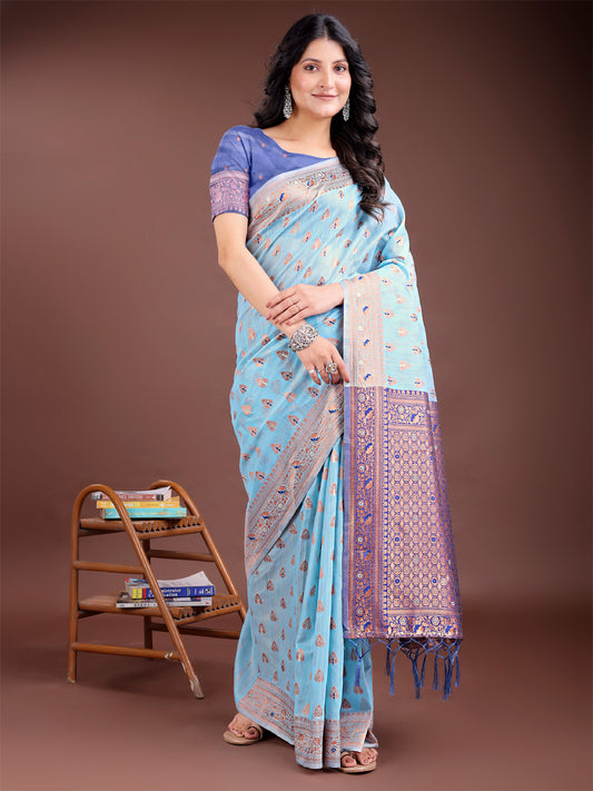 Astita Elegant Sky Blue Cotton Saree with Contrast Pallu – Perfect Blend of Tradition & Comfort