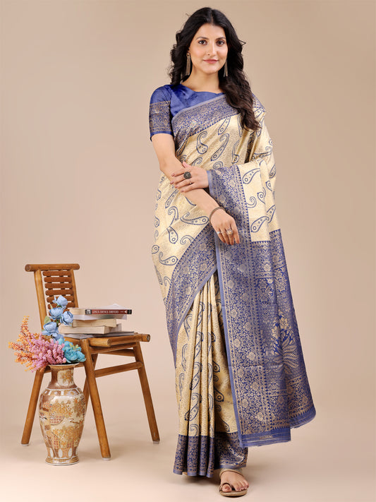 Astita Graceful Cream and Navy Blue Silk Saree – Traditional Elegance with Royal Charm