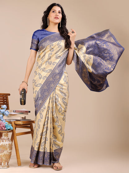 Astita Graceful Cream and Navy Blue Silk Saree – Traditional Elegance with Royal Charm