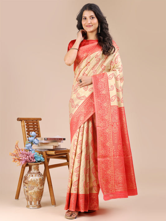 Astita Graceful Cream and Red Silk Saree – Traditional Elegance with Royal Charm