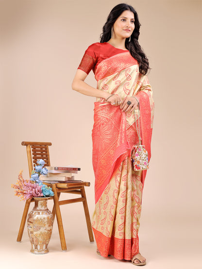 Astita Graceful Cream and Red Silk Saree – Traditional Elegance with Royal Charm