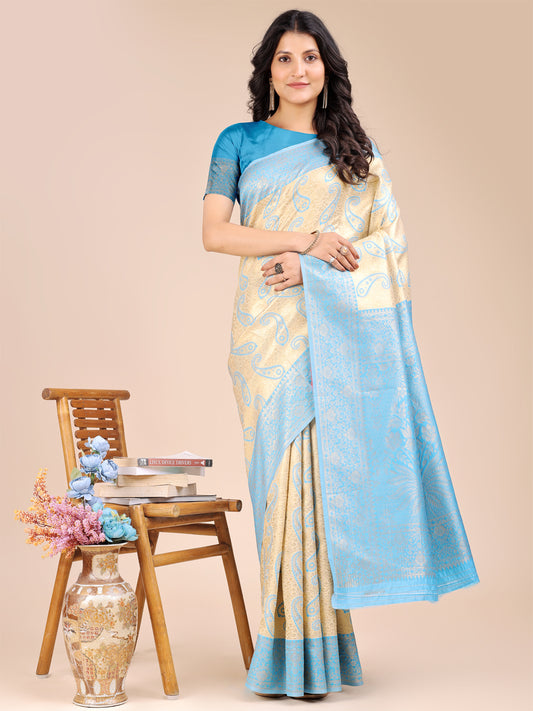 Astita Graceful Cream and Sky blue Silk Saree – Traditional Elegance with Royal Charm