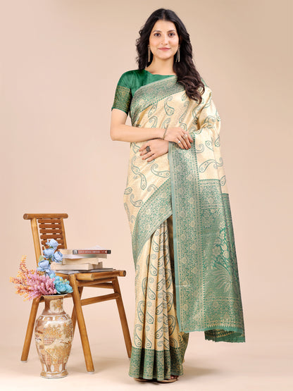 Astita Graceful Cream and Green Silk Saree – Traditional Elegance with Royal Charm