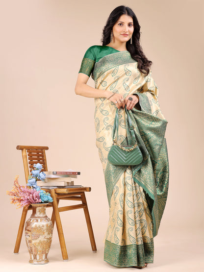 Astita Graceful Cream and Green Silk Saree – Traditional Elegance with Royal Charm