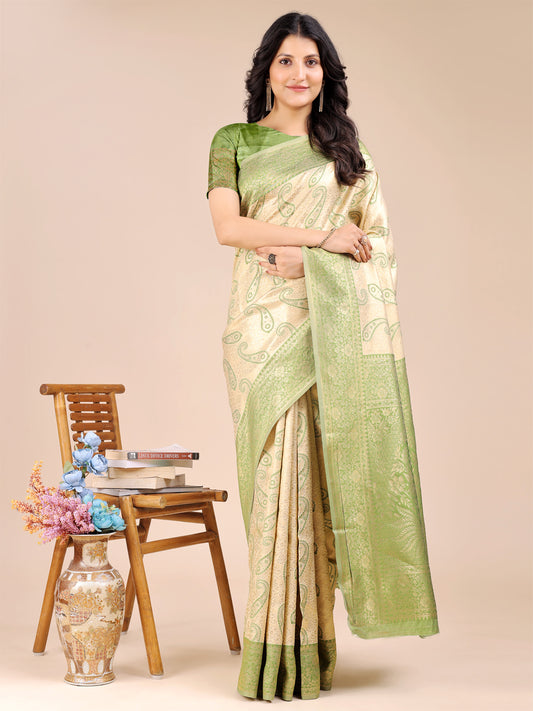 Astita Graceful Cream and Light Green Silk Saree – Traditional Elegance with Royal Charm