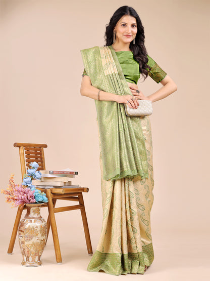 Astita Graceful Cream and Light Green Silk Saree – Traditional Elegance with Royal Charm