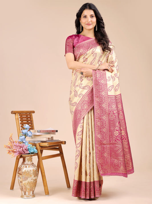 Astita Graceful Cream and Magenta Silk Saree – Traditional Elegance with Royal Charm