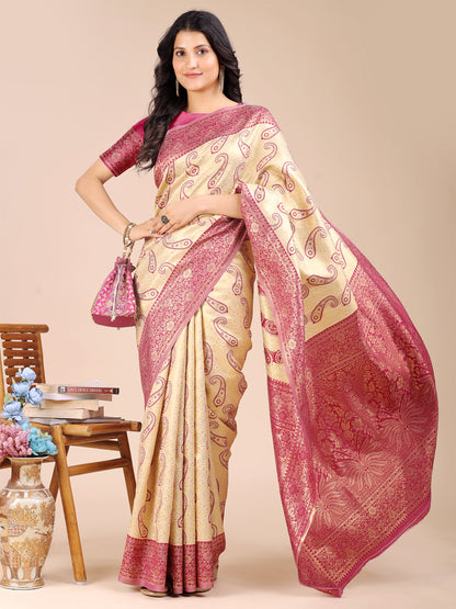 Astita Graceful Cream and Magenta Silk Saree – Traditional Elegance with Royal Charm