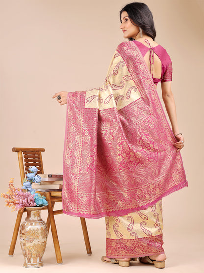 Astita Graceful Cream and Magenta Silk Saree – Traditional Elegance with Royal Charm