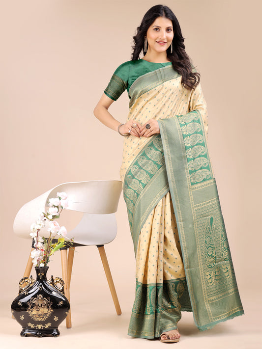 Astita Graceful Cream and Green Silk Saree – Traditional Elegance with Royal Charm