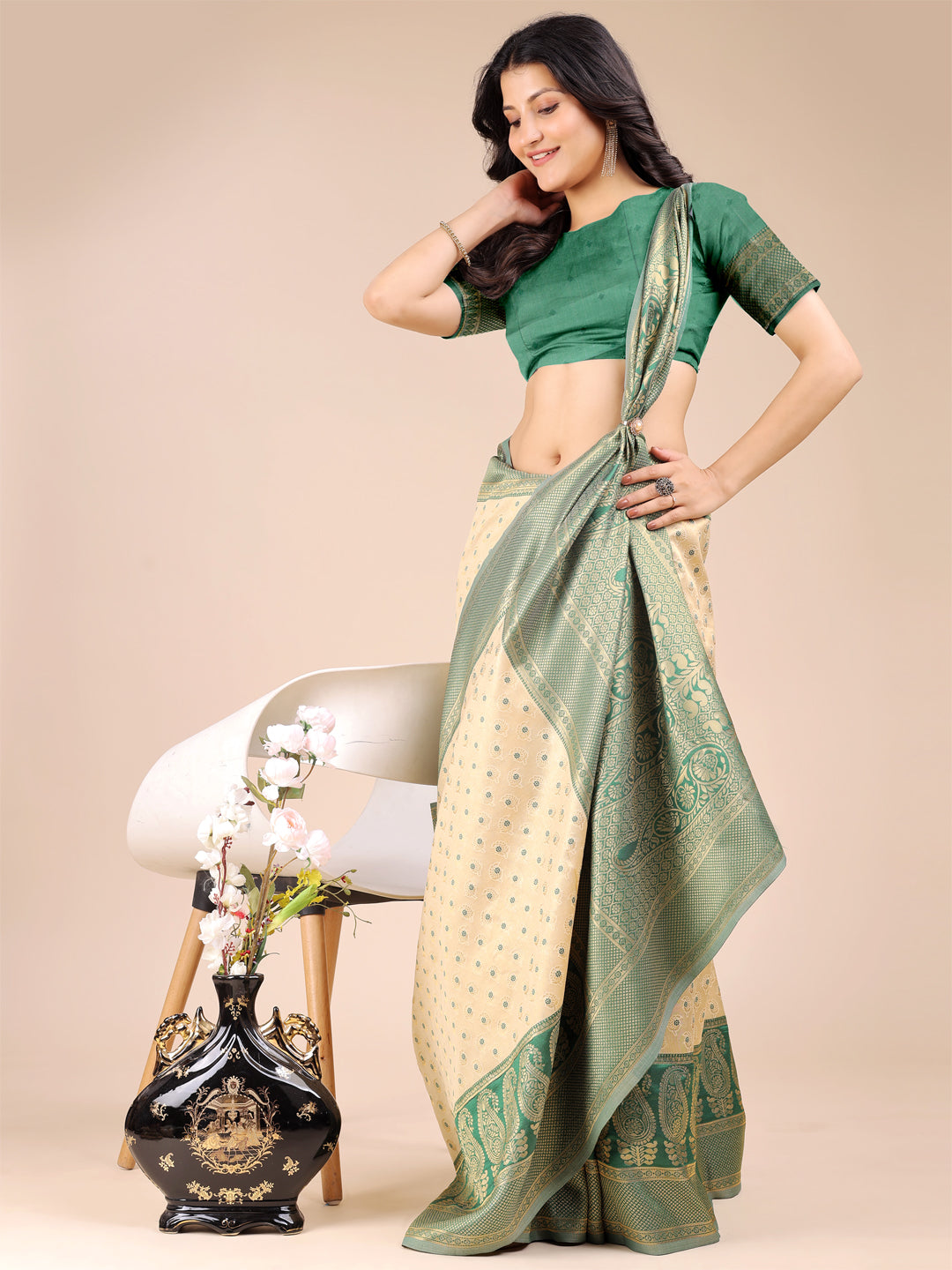 Astita Graceful Cream and Green Silk Saree – Traditional Elegance with Royal Charm