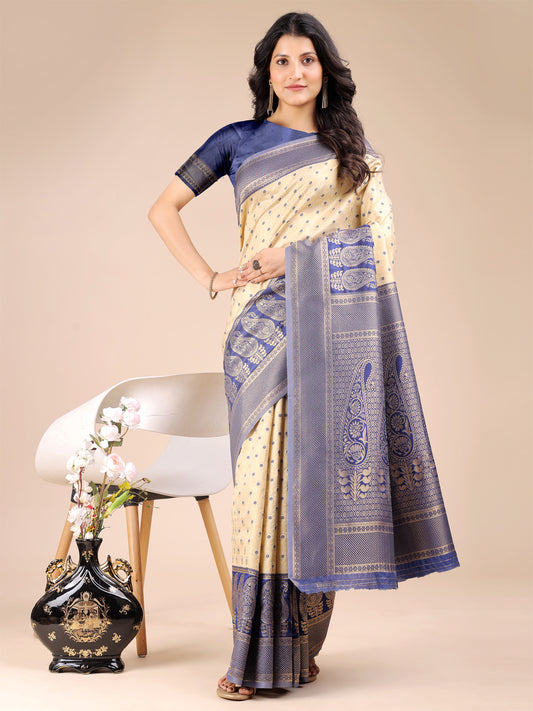 Astita Graceful Cream and Navy Blue Silk Saree – Traditional Elegance with Royal Charm