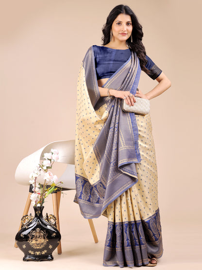 Astita Graceful Cream and Navy Blue Silk Saree – Traditional Elegance with Royal Charm