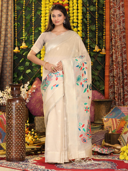 Astita Cream Linen Cotton Saree with Bold Peacock Pallu – Elegant Zari Border Saree for Festive & Party Wear | Lightweight & Soft Fabric