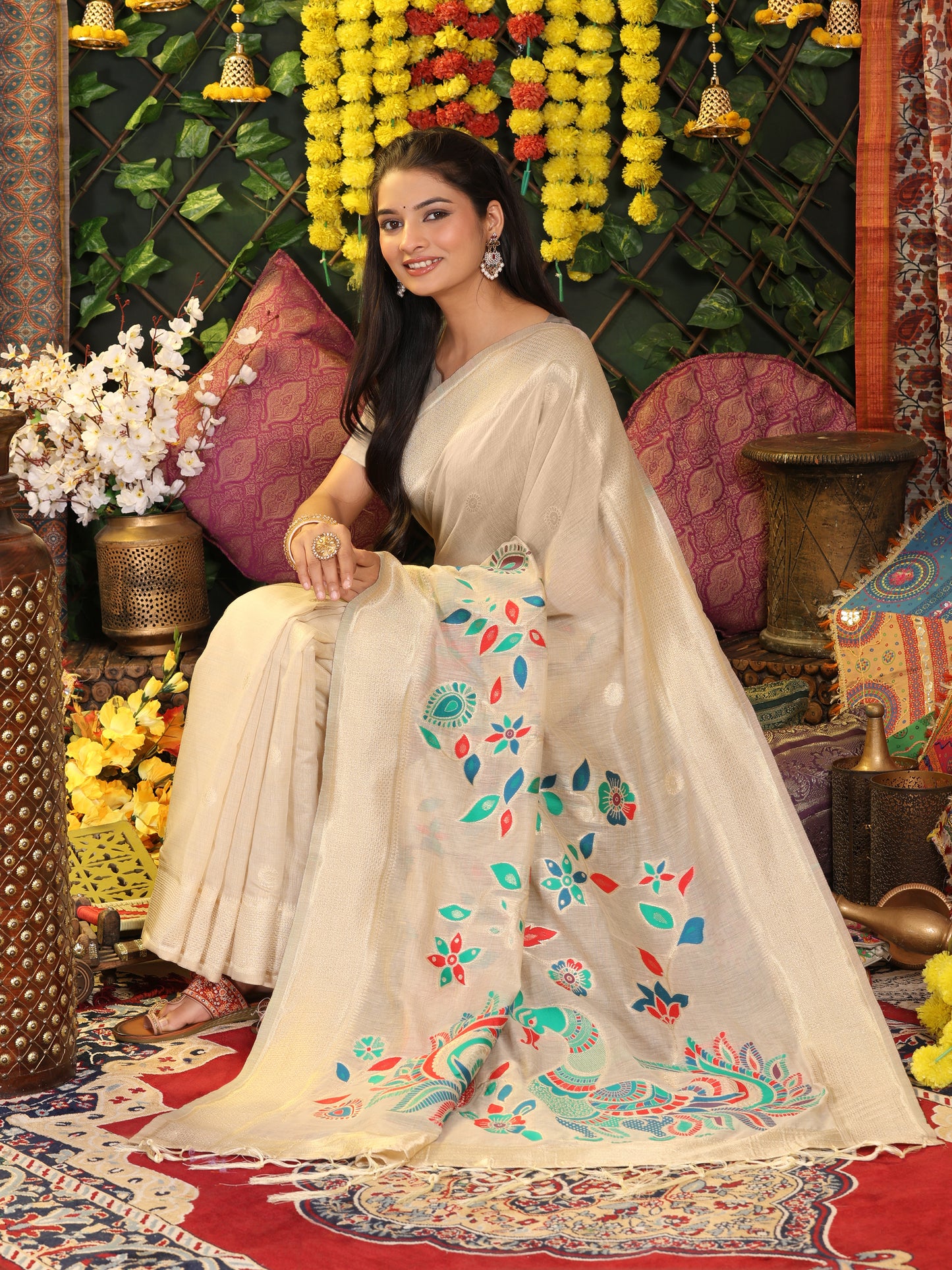 Astita Cream Linen Cotton Saree with Bold Peacock Pallu – Elegant Zari Border Saree for Festive & Party Wear | Lightweight & Soft Fabric