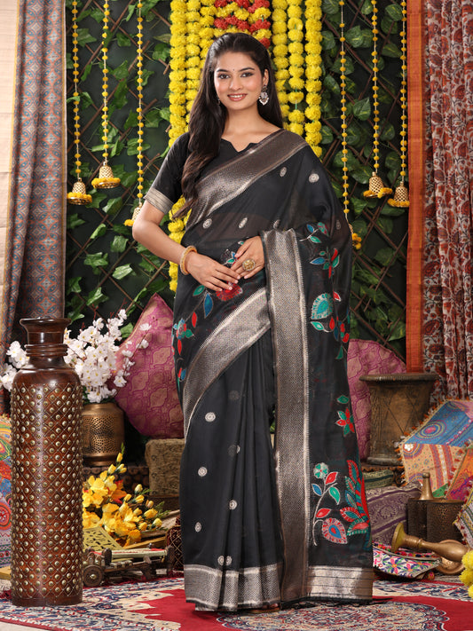 Astita Black Linen Cotton Saree with Bold Peacock Pallu – Elegant Zari Border Saree for Festive & Party Wear | Lightweight & Soft Fabric