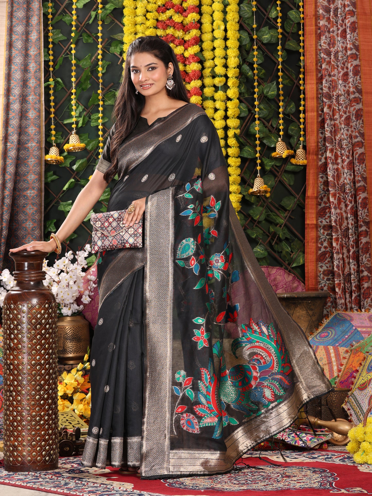 Astita Black Linen Cotton Saree with Bold Peacock Pallu – Elegant Zari Border Saree for Festive & Party Wear | Lightweight & Soft Fabric