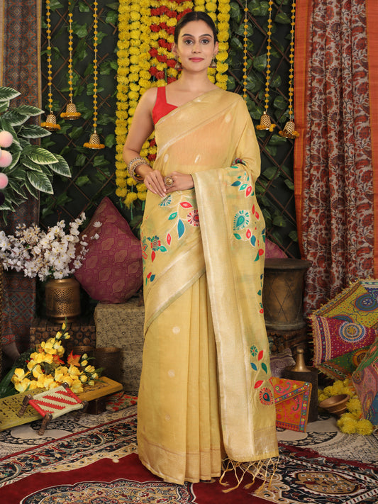 Astita Yellow Linen Cotton Saree with Bold Peacock Pallu – Elegant Zari Border Saree for Festive & Party Wear | Lightweight & Soft Fabric
