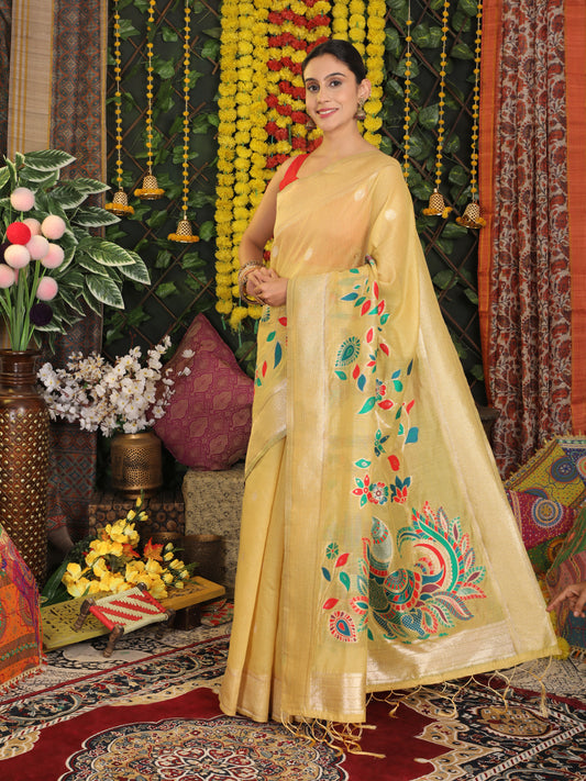 Astita Yellow Linen Cotton Saree with Bold Peacock Pallu – Elegant Zari Border Saree for Festive & Party Wear | Lightweight & Soft Fabric