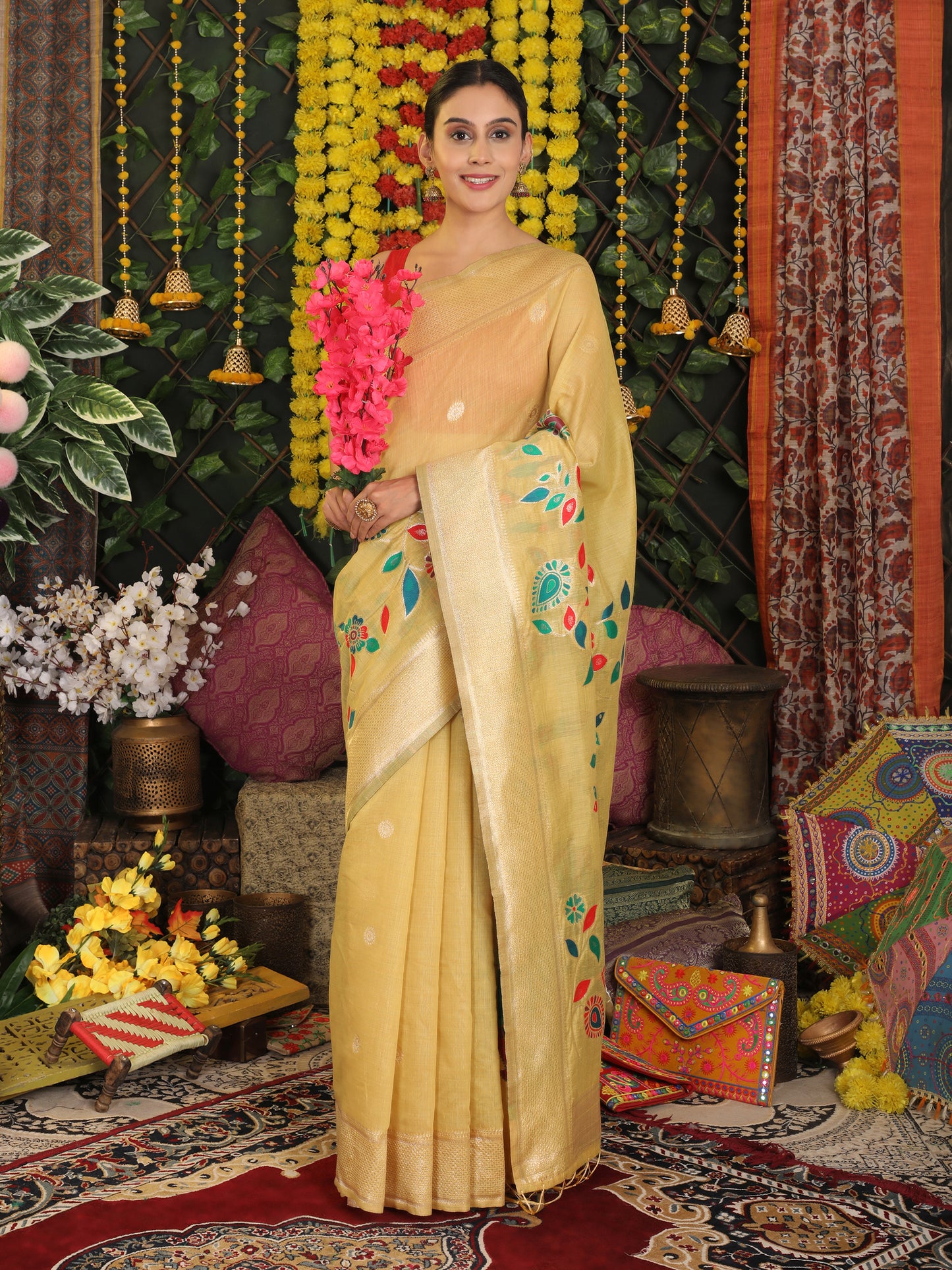 Astita Yellow Linen Cotton Saree with Bold Peacock Pallu – Elegant Zari Border Saree for Festive & Party Wear | Lightweight & Soft Fabric