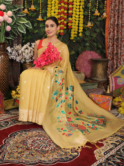 Astita Yellow Linen Cotton Saree with Bold Peacock Pallu – Elegant Zari Border Saree for Festive & Party Wear | Lightweight & Soft Fabric