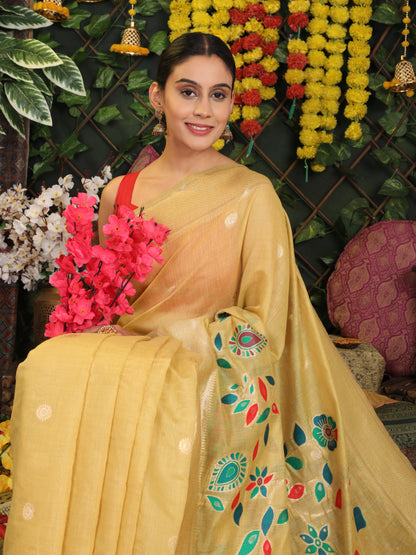 Astita Yellow Linen Cotton Saree with Bold Peacock Pallu – Elegant Zari Border Saree for Festive & Party Wear | Lightweight & Soft Fabric