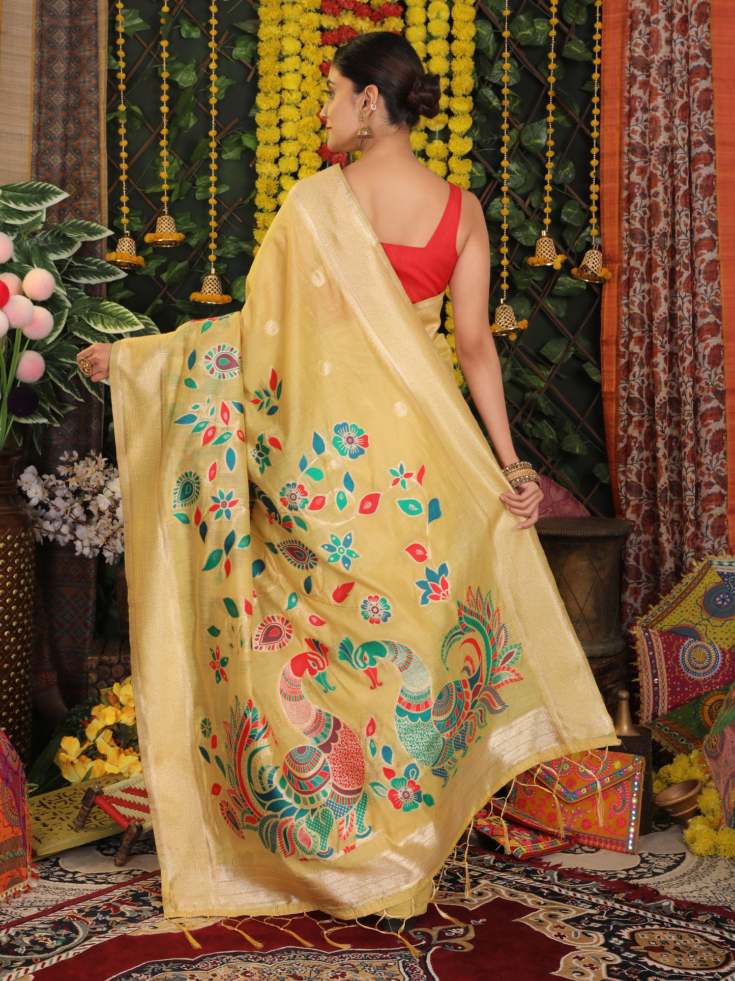 Astita Yellow Linen Cotton Saree with Bold Peacock Pallu – Elegant Zari Border Saree for Festive & Party Wear | Lightweight & Soft Fabric