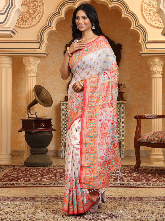 Astita Graceful Woven Linen Cotton Saree with Intricate Traditional Patterns and Tassel Detailing – Lightweight Ethnic Saree for Festive, Office & Everyday Elegant Look