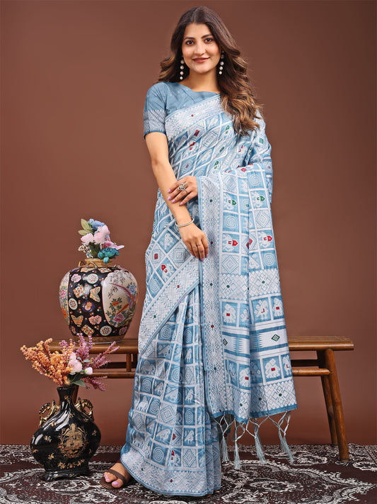 Astita Threads of Tradition: Sky Blue Linen Cotton Saree Woven with Stories of Grace & Heritage