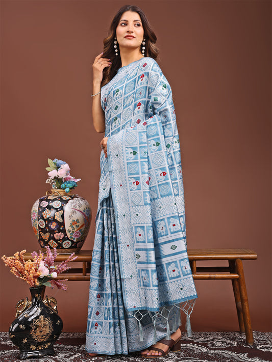 Astita Threads of Tradition: Sky Blue Linen Cotton Saree Woven with Stories of Grace & Heritage