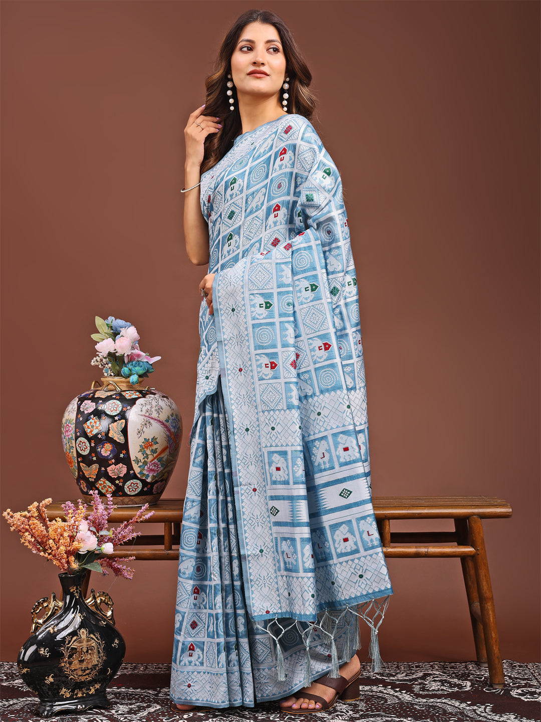 Astita Threads of Tradition: Sky Blue Linen Cotton Saree Woven with Stories of Grace & Heritage