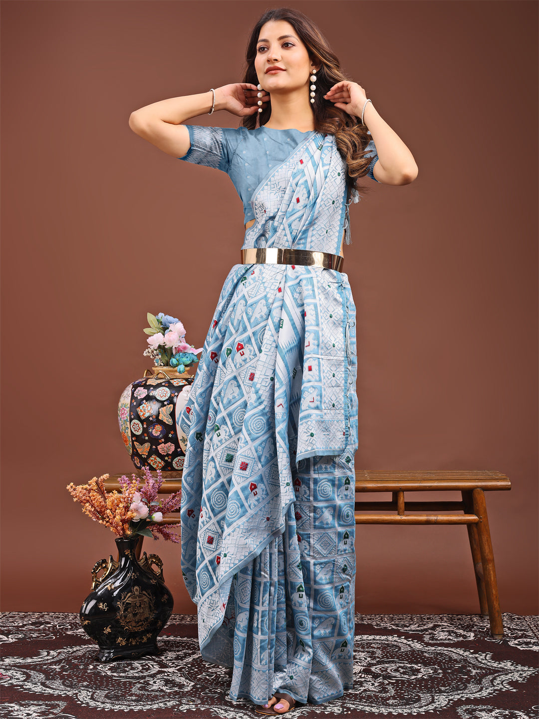 Astita Threads of Tradition: Sky Blue Linen Cotton Saree Woven with Stories of Grace & Heritage