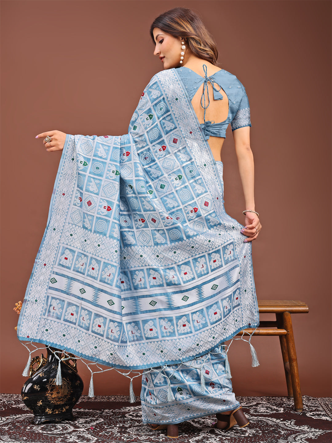 Astita Threads of Tradition: Sky Blue Linen Cotton Saree Woven with Stories of Grace & Heritage