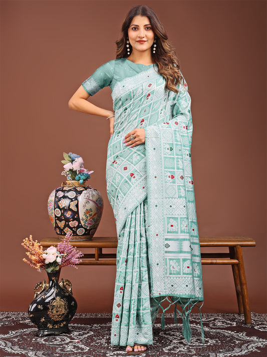 Astita Threads of Tradition: Sea Green Linen Cotton Saree Woven with Stories of Grace & Heritage