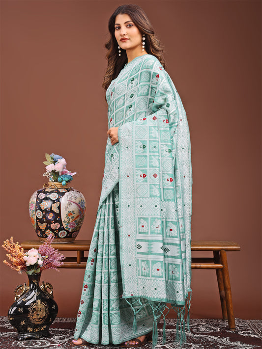Astita Threads of Tradition: Sea Green Linen Cotton Saree Woven with Stories of Grace & Heritage