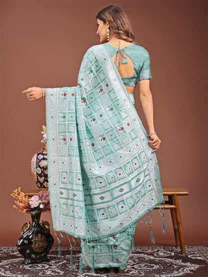 Astita Threads of Tradition: Sea Green Linen Cotton Saree Woven with Stories of Grace & Heritage