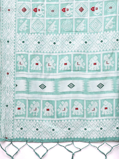Astita Threads of Tradition: Sea Green Linen Cotton Saree Woven with Stories of Grace & Heritage