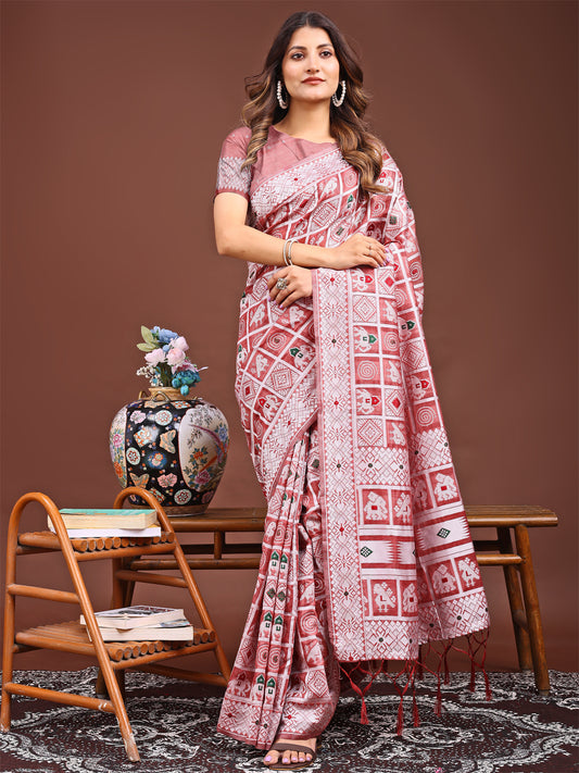 Astita Threads of Tradition: Peach Linen Cotton Saree Woven with Stories of Grace & Heritage