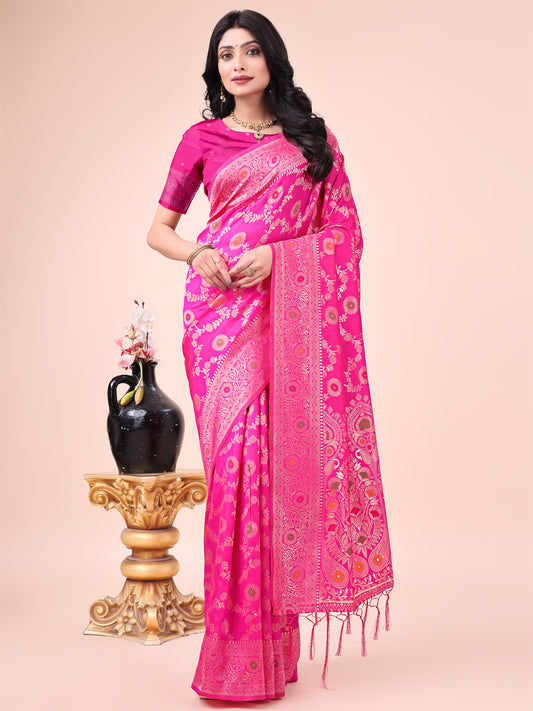 Pink Banarasi Silk Saree with Floral Zari Weaving