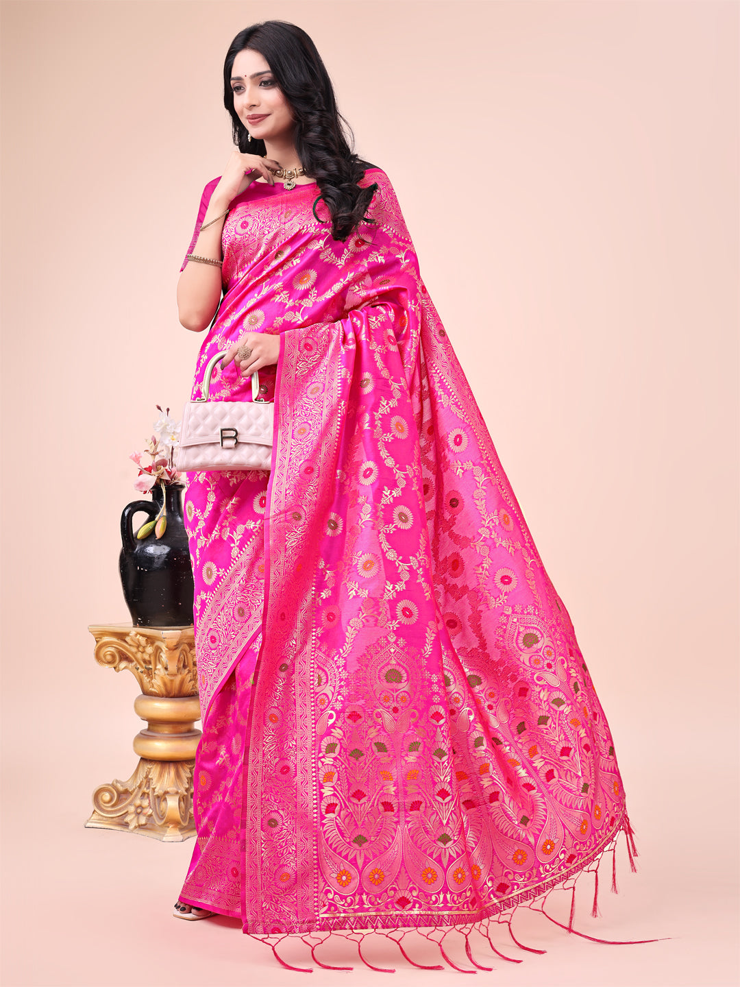 Pink Banarasi Silk Saree with Floral Zari Weaving