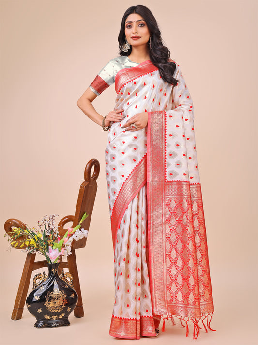 White & Red Banarasi Silk Saree with Teardrop Weaving & Rich Zari Pallu