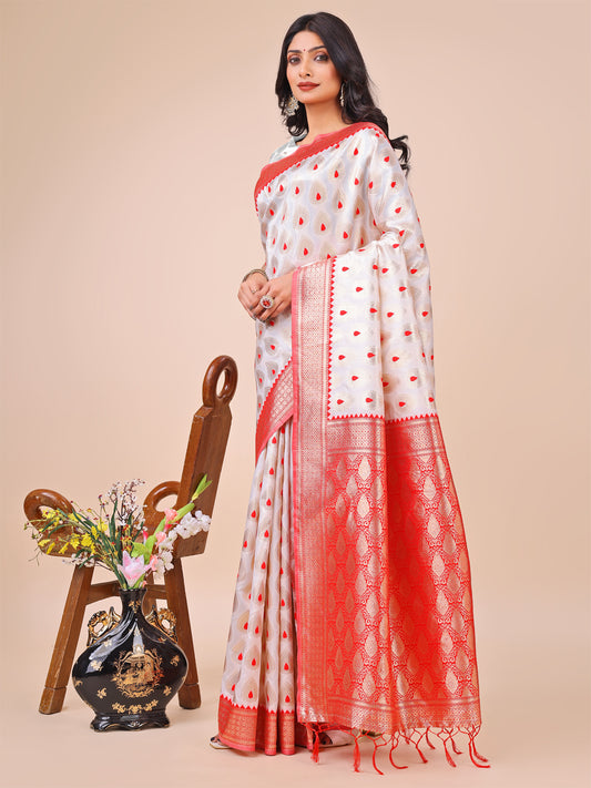 White & Red Banarasi Silk Saree with Teardrop Weaving & Rich Zari Pallu