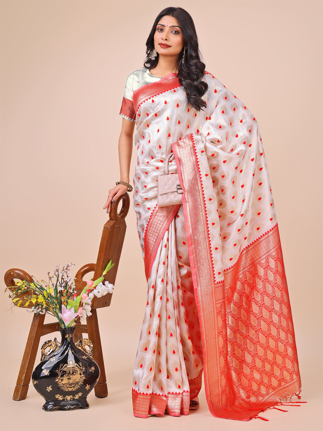 White & Red Banarasi Silk Saree with Teardrop Weaving & Rich Zari Pallu
