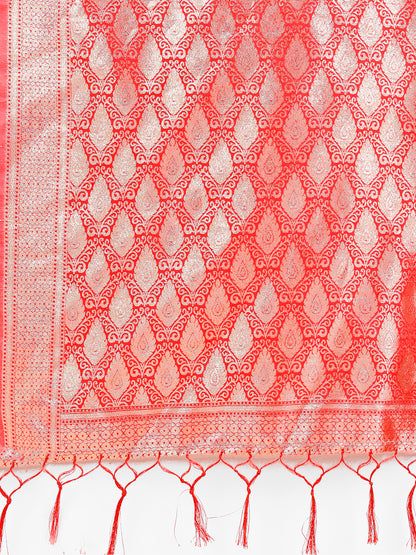 White & Red Banarasi Silk Saree with Teardrop Weaving & Rich Zari Pallu